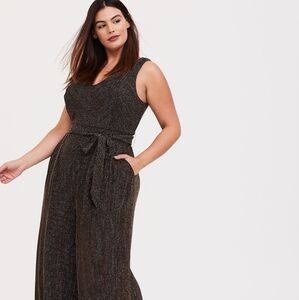 Torrid Maxi Glitter Gold Knit Pockets Wide Leg Jumpsuit Size 1 NWOT